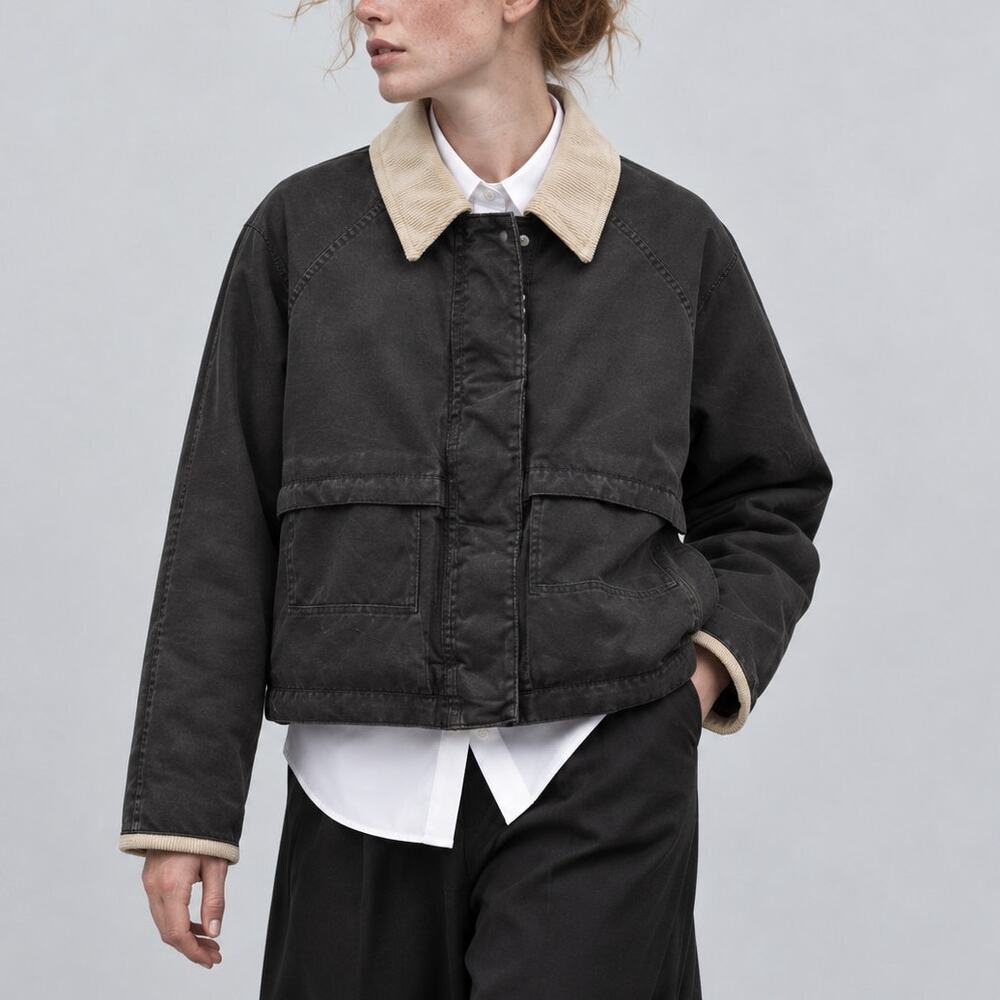 Zara Waxed Fabric Jacket with Contrast Collar 4341/890/811 XS Black Cropped